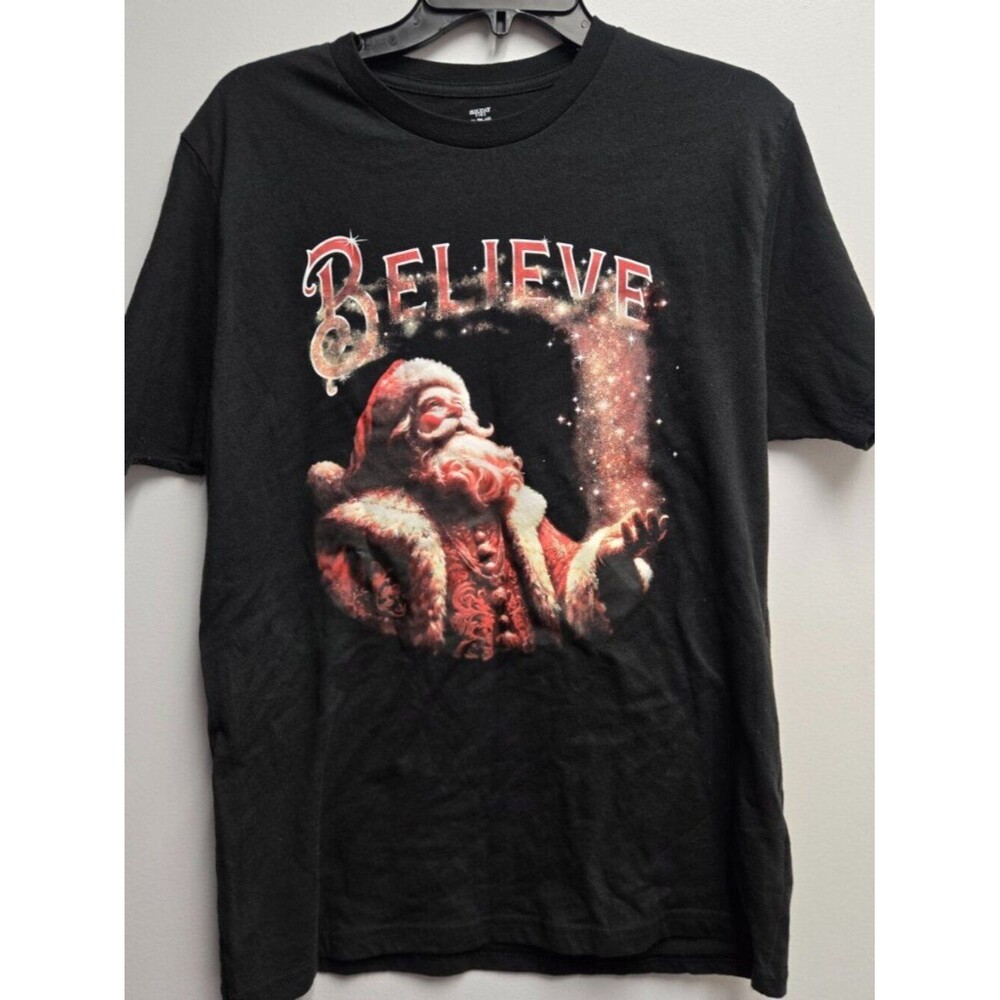 Holiday Time Santa Claus Believe T-Shirt Medium Black Christmas Graphic Tee Men